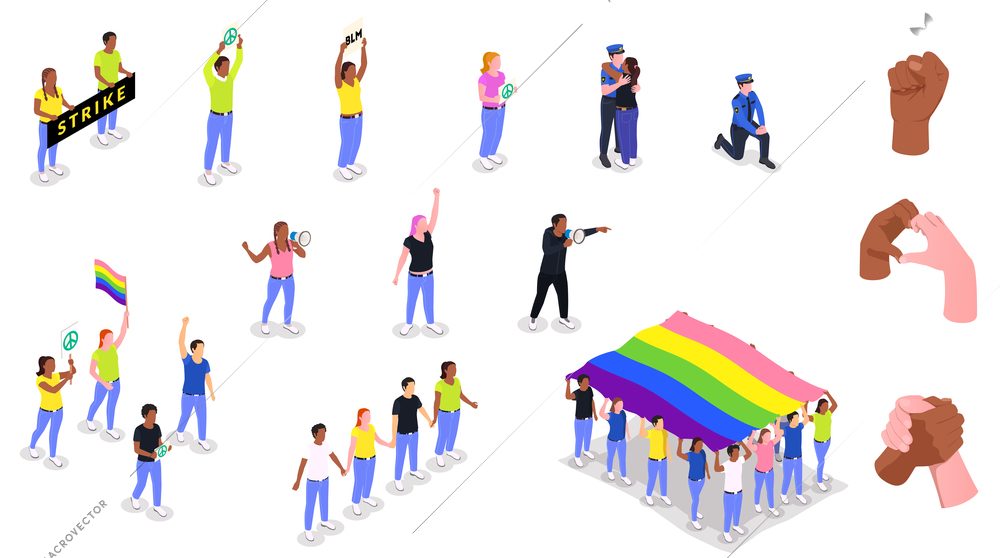 Public protest demonstration set of isometric icons hand gestures of solidarity and human characters of protesters vector illustration