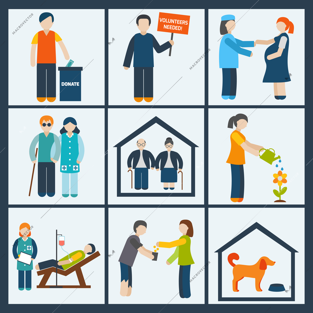 Social services and volunteer organizations icons set flat isolated vector illustration