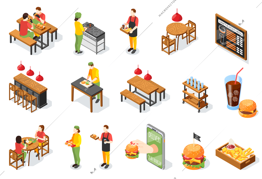 Burger house isometric icon set with isolated images of restaurant seats with waiter characters and food vector illustration