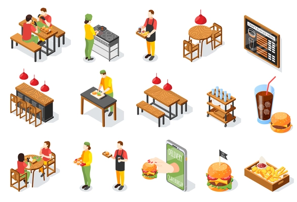 Burger house isometric icon set with isolated images of restaurant seats with waiter characters and food vector illustration