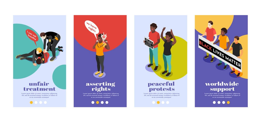 Set of black lives matter isometric 4x1 vertical banners with text page buttons and human characters vector illustration