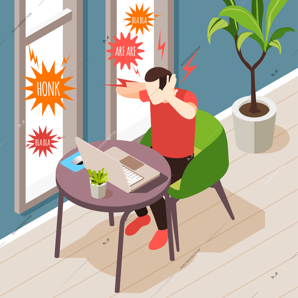 Noise pollution isometric composition with indoor scenery and man having trouble doing work with sound icons vector illustration