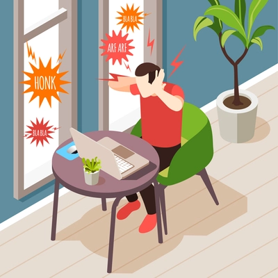 Noise pollution isometric composition with indoor scenery and man having trouble doing work with sound icons vector illustration