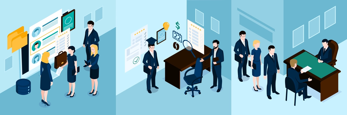 Recruitment and hiring concept 3 isometric compositions set searching applicants selection procedure interviewing candidates employing vector illustration