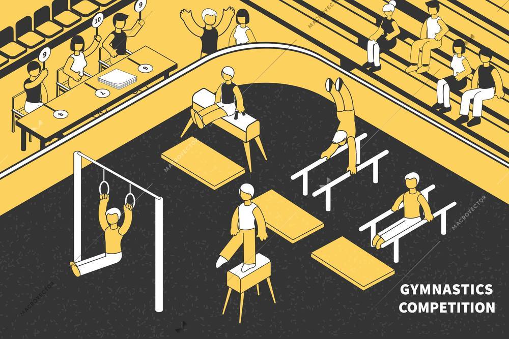 Gymnastics sport competitions isometric composition with human characters of referees audience and athletes with gym apparatus vector illustration