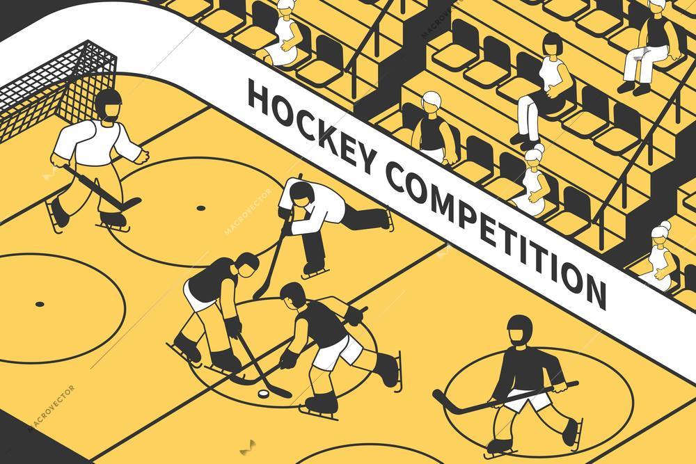 Hockey competition in stadium with people on tribune 3d isometric vector illustration