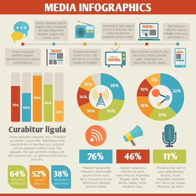 Broadcasting media social news infographics with tv satellite megaphone icons vector illustration