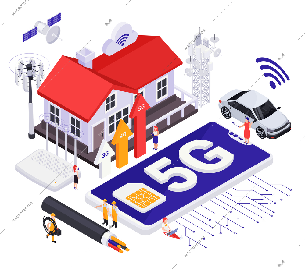 High speed modern internet 5G technology isometric concept with satellite antenna cloud wi fi signs