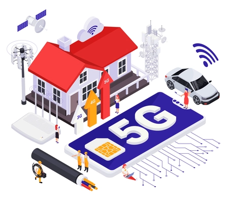 High speed modern internet 5G technology isometric concept with satellite antenna cloud wi fi signs