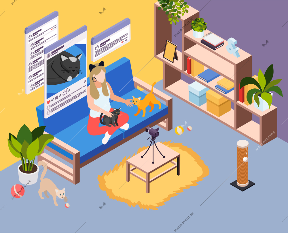 Vlogging isometric background with young girl creating video with her pets for internet vlog vector illustration