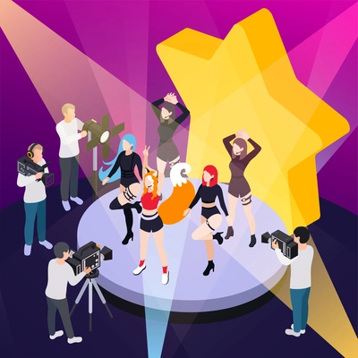 Pop music show isometric poster with reporters videotaping performance of dance group vector illustration