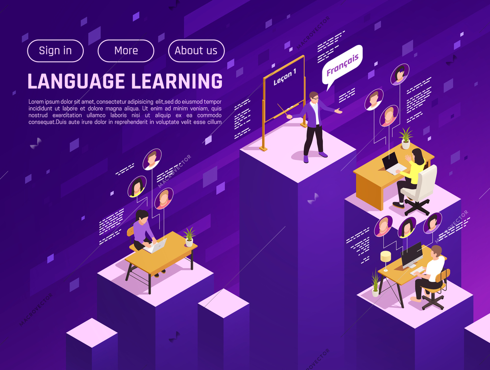 Online language school website isometric landing page with learning french virtual lesson purple background vector illustration