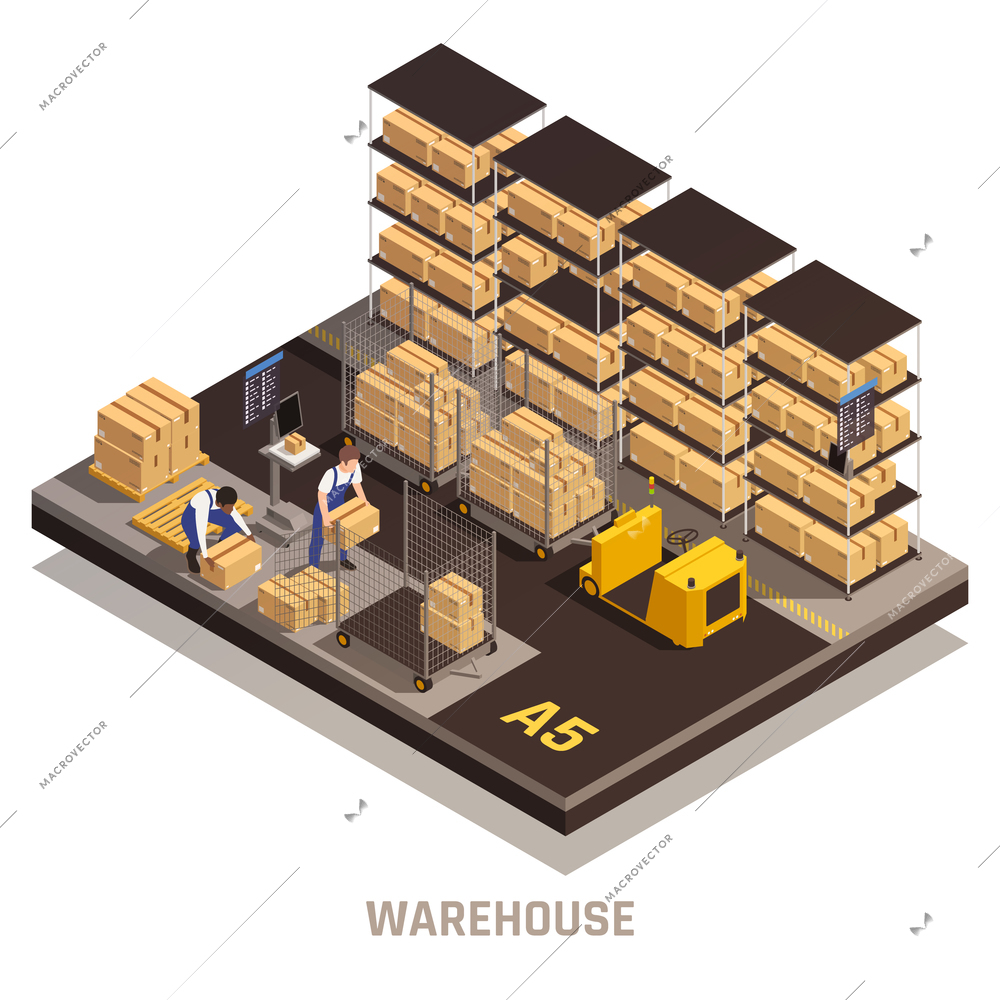 Modern warehouse facility operating process isometric compositions with cargo delivery tracking loading placing storage system vector illustration