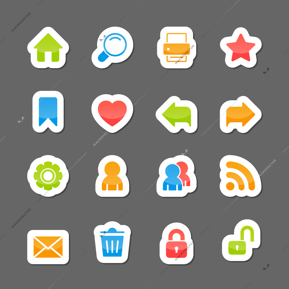 Website layout interface elements, home search print like on cartoon stickers isolated vector illustration