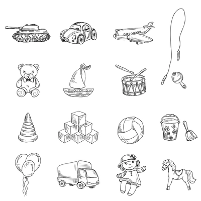 Vintage kids toys sketch icons set of teddy bear doll airplane car isolated vector illustration.