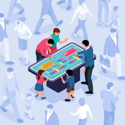 Group of people looking for information on interactive panel 3d isometric vector illustration