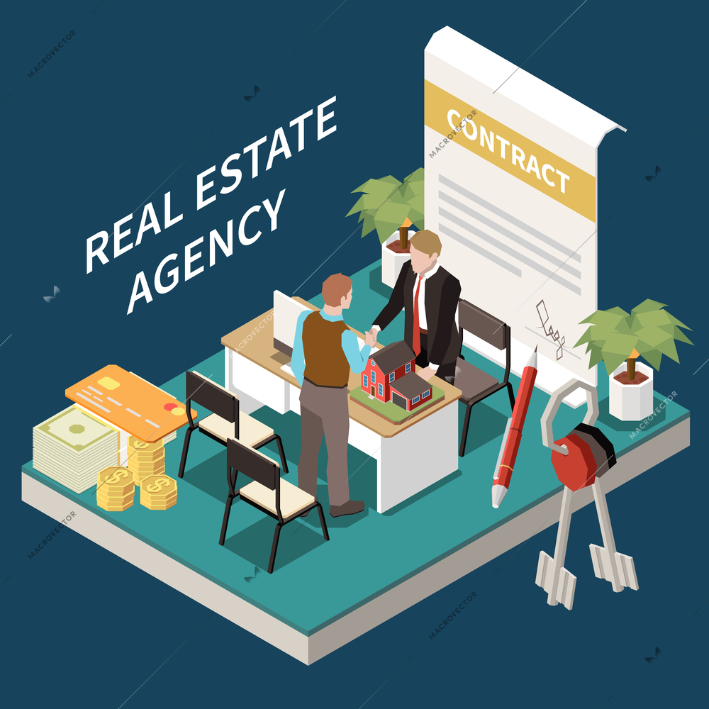 Real estate agency isometric composition with characters of client and agent office interior elements with contract vector illustration