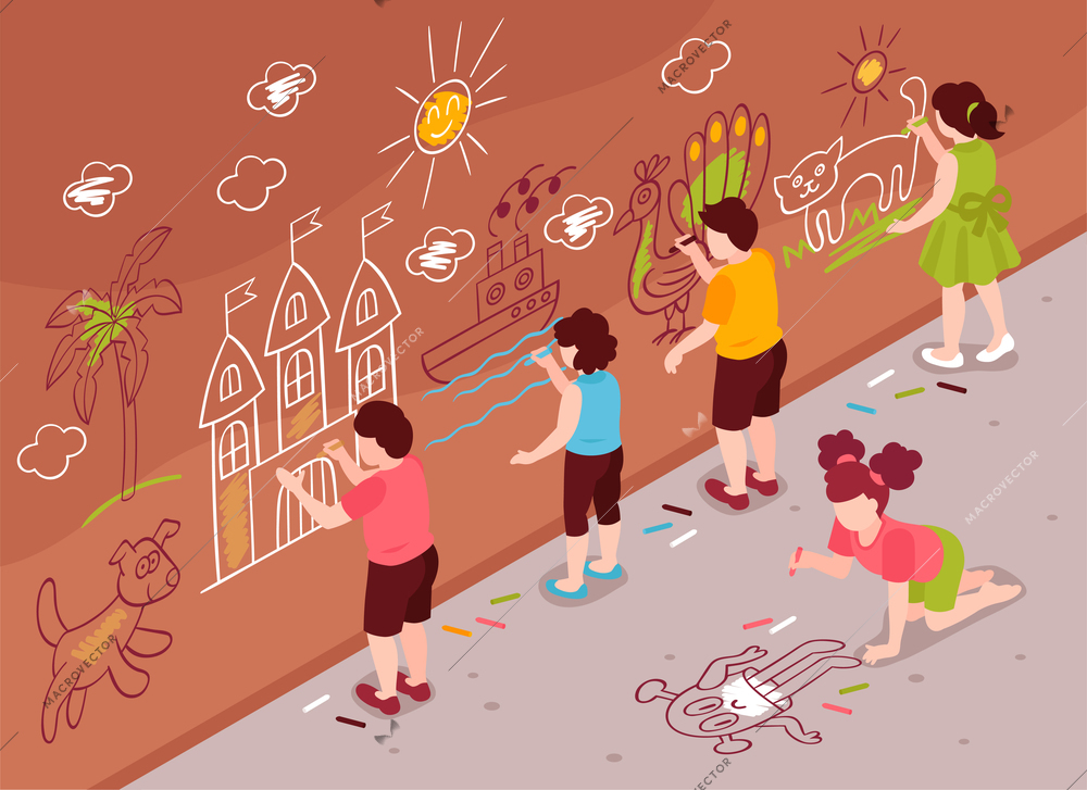 Isometric children art school wall composition with group of kids drawing on street wall and asphalt vector illustration