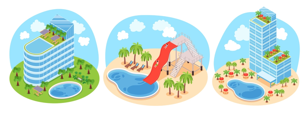 Isometric hotel water park design concept set of three round compositions with landscape hotel compound views vector illustration