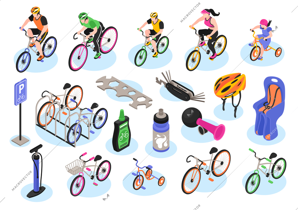 Isometric bicycle set of isolated icons of bike models and accessories cycling equipment and parking sign vector illustration