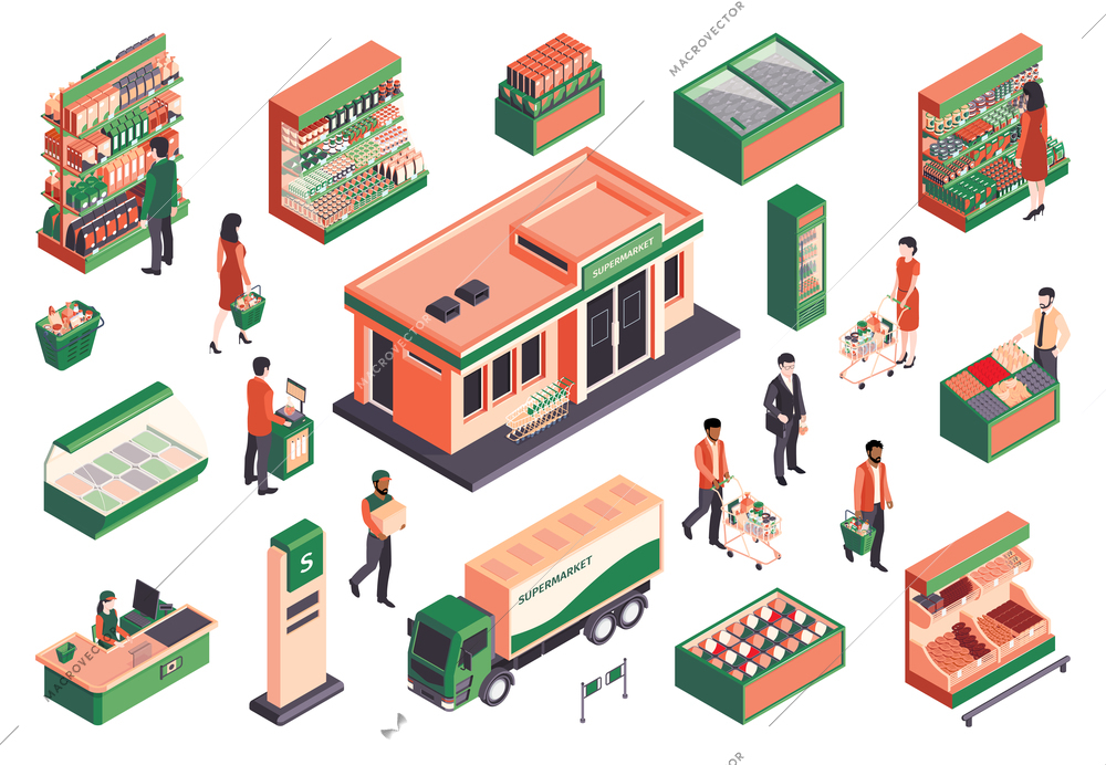 Isometric supermarket people set of isolated icons human characters with images of entrance and delivery truck vector illustration