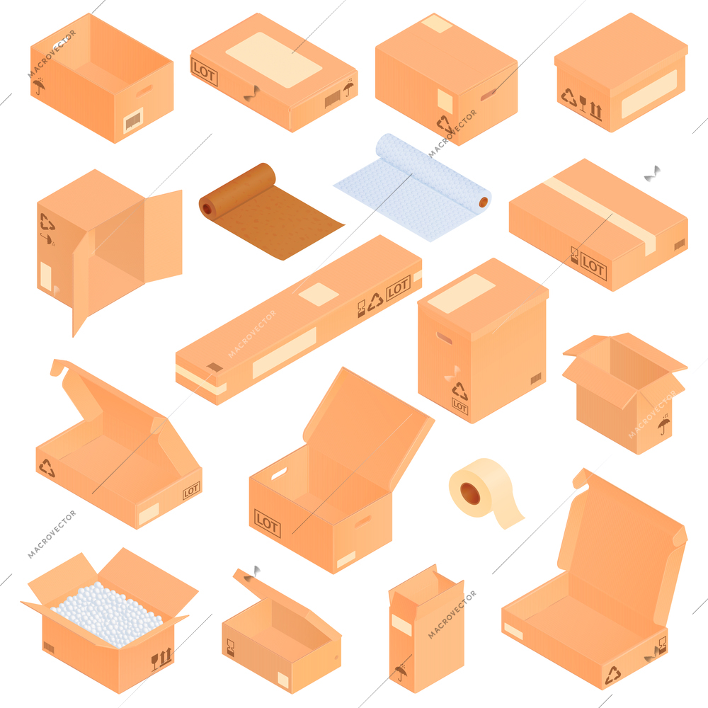 Isometric cardboard boxes set with isolated icons and images of pasteboard carton packs with packaging materials vector illustration