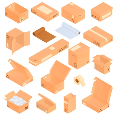 Isometric cardboard boxes set with isolated icons and images of pasteboard carton packs with packaging materials vector illustration