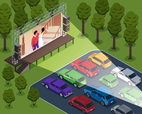 Isometric open air cinema composition with cars in outdoor landscape of drive-in theater screening movie vector illustration