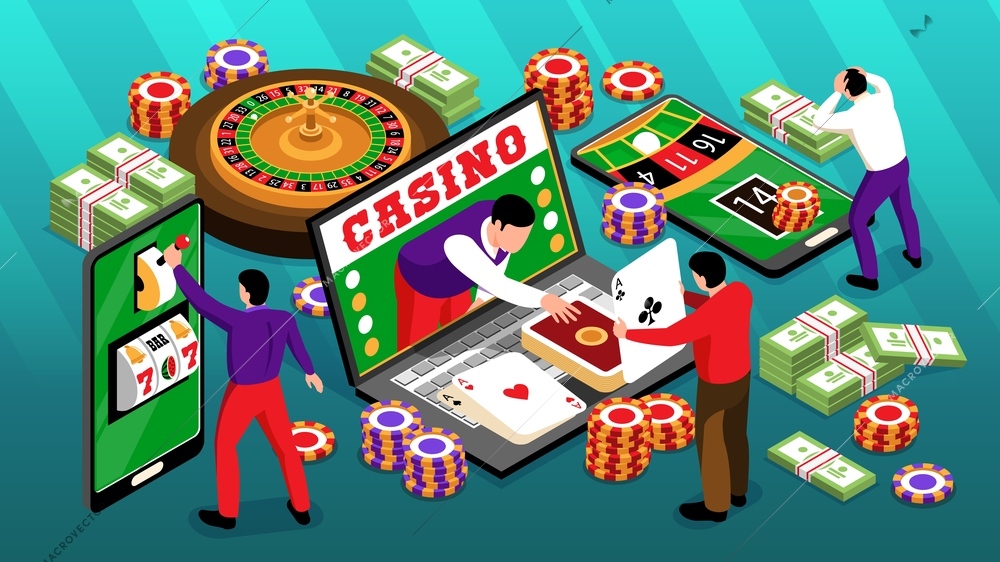 Isometric online casino horizontal composition of roulette images chips and banknotes with smartphones laptop and players vector illustration