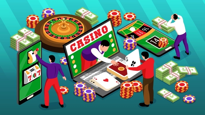 Isometric online casino horizontal composition of roulette images chips and banknotes with smartphones laptop and players vector illustration
