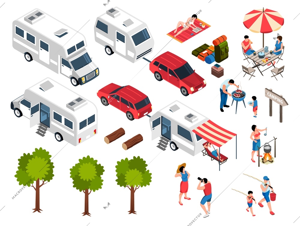 Isometric family trip camper set of isolated icons human characters and images of cars camper vans vector illustration