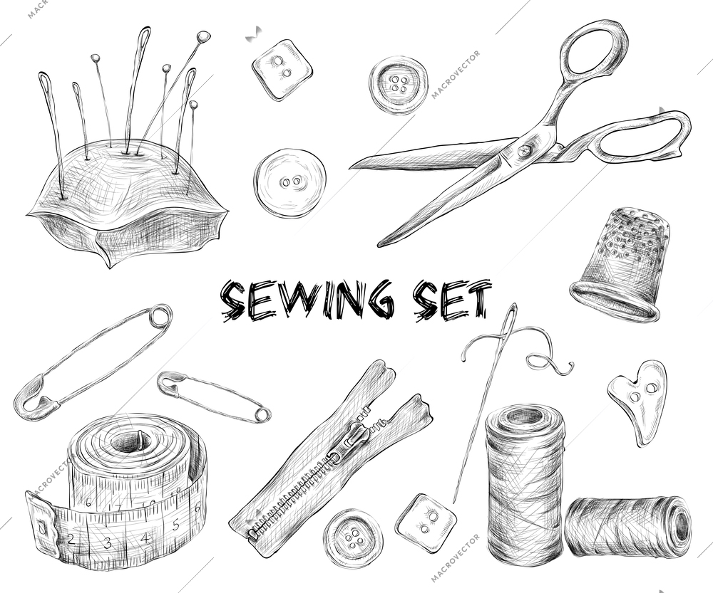 Sewing sketch set with tailor tools needlework and embroidery accessories isolated vector illustration.