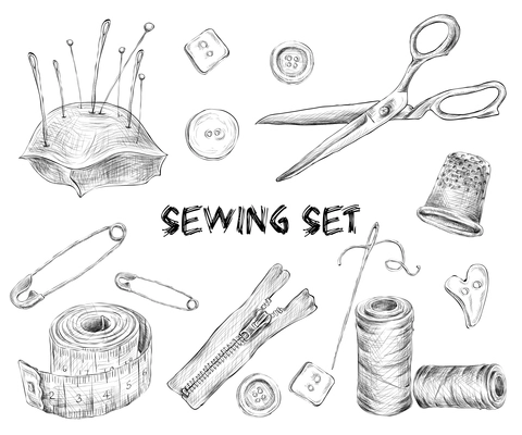 Sewing sketch set with tailor tools needlework and embroidery accessories isolated vector illustration.