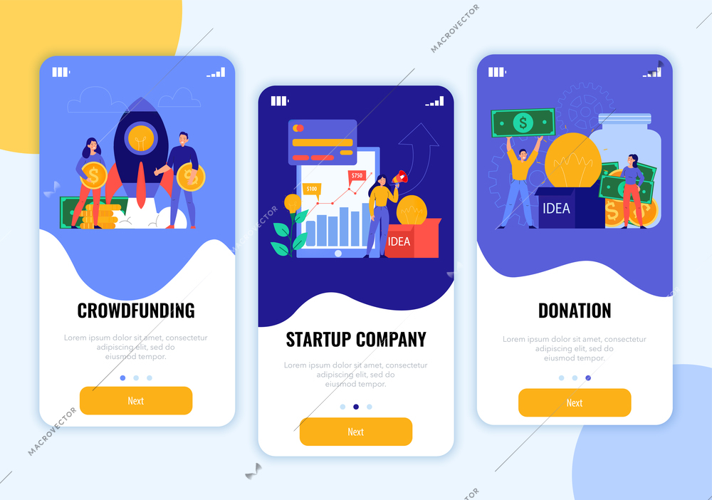 Crowdfunding vertical banners set with startup and donation symbols flat isolated vector illustration