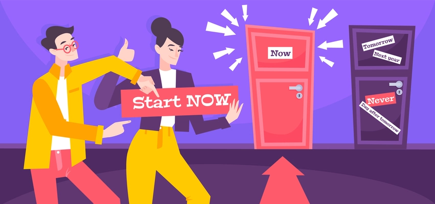 Start now flat poster with personal coach training young woman in business startup vector illustration