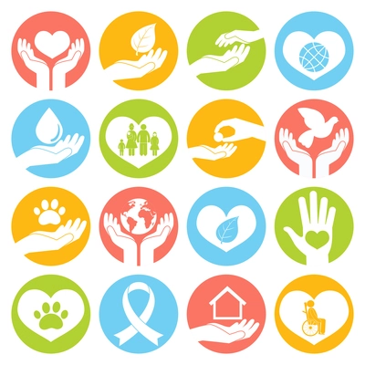 Charity donation social services and volunteer white round buttons set isolated vector illustration