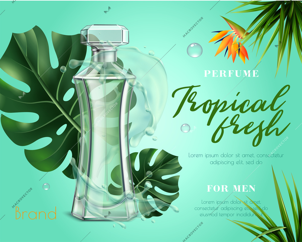Realistic advertisement with bottle of fresh tropical perfume vector illustration