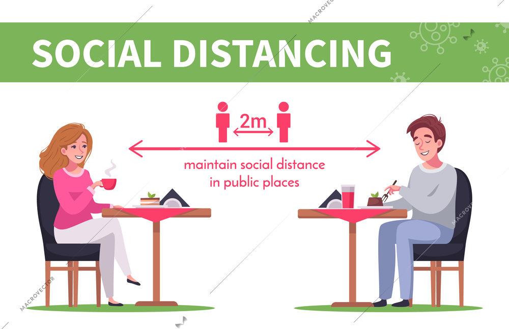Cartoon infographics with people maintaining social distancing in cafe vector illustration