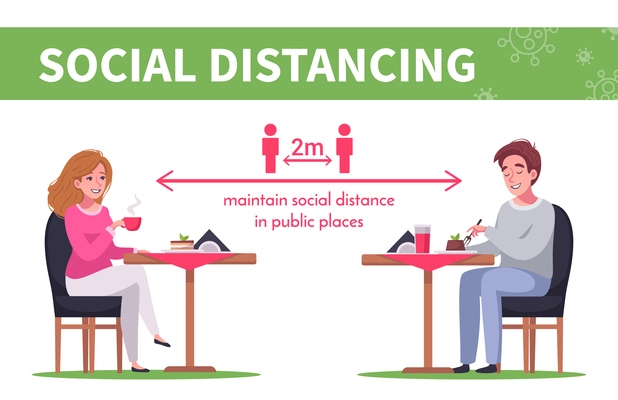 Cartoon infographics with people maintaining social distancing in cafe vector illustration