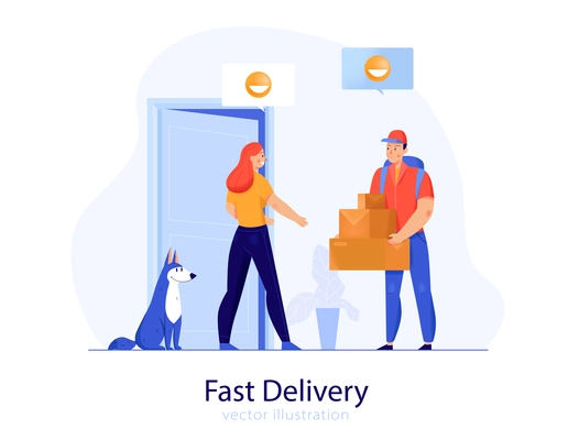 Fast delivery service man giving boxes to customer flat vector illustration