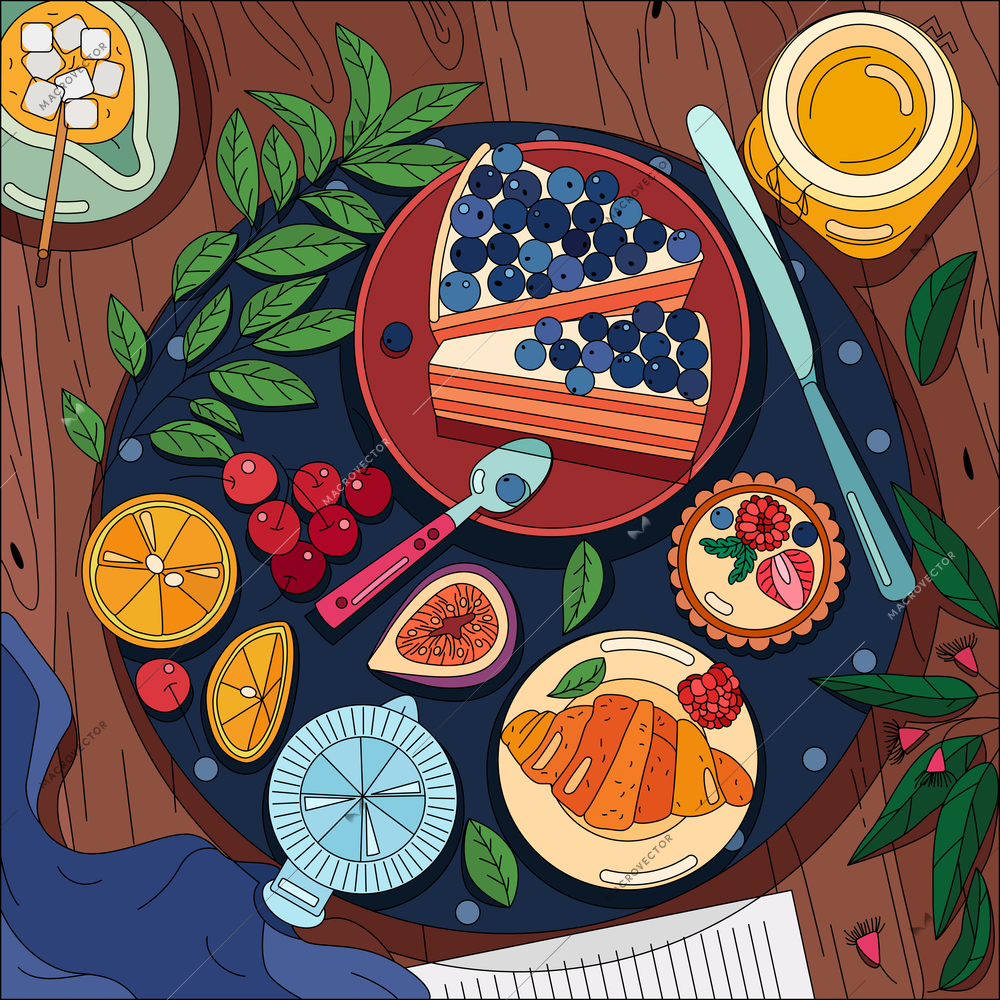 Coloring food background with top view of wooden table served with napkin and breakfast dishes laid out on tableware vector illustration