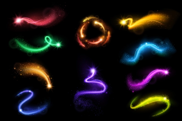 Multicolored bright luminous sparkles and stardusts of various shapes isolated on black background realistic vector illustration