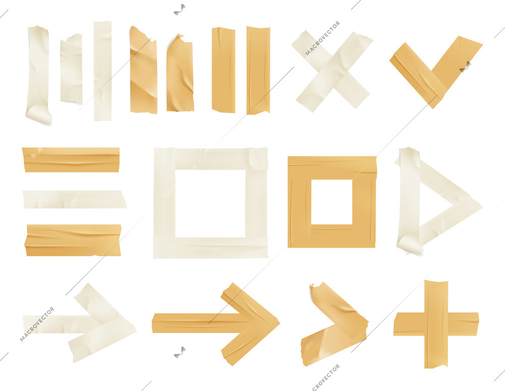 Sticky adhesive tape realistic icon set with isolated tape pieces of golden and white colors vector illustration