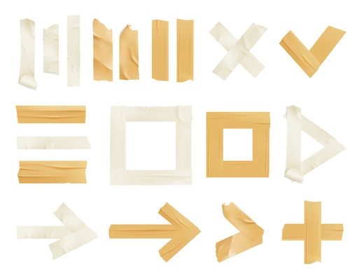 Sticky adhesive tape realistic icon set with isolated tape pieces of golden and white colors vector illustration