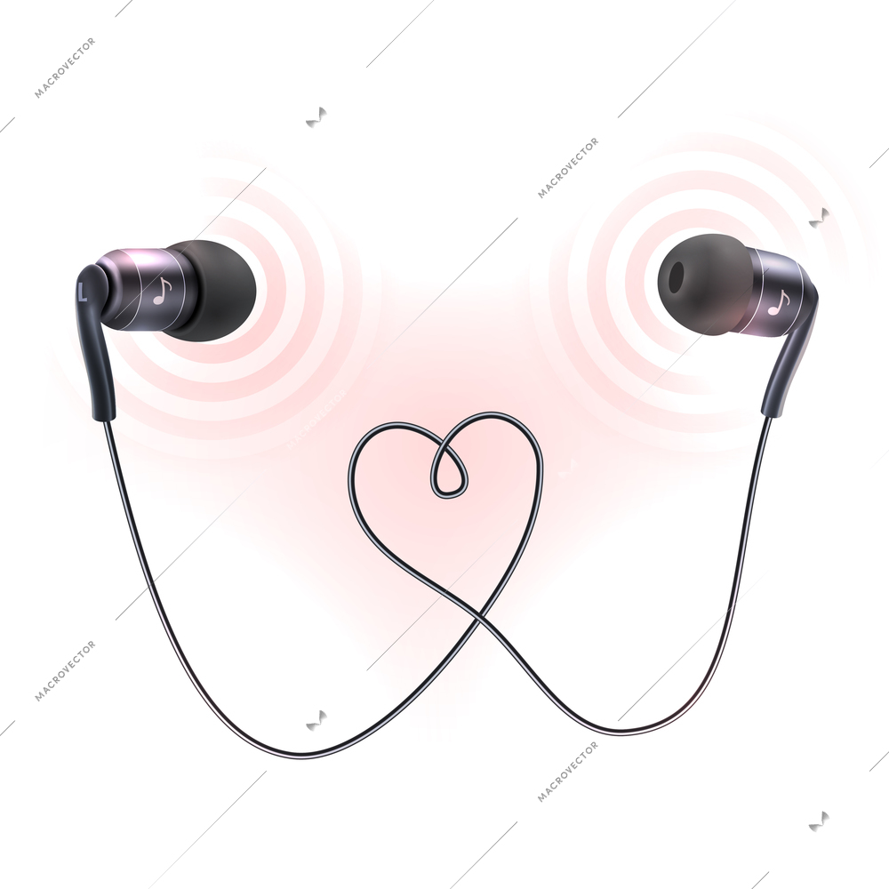 Black wire headphones earplugs with colored sound waves poster vector illustration