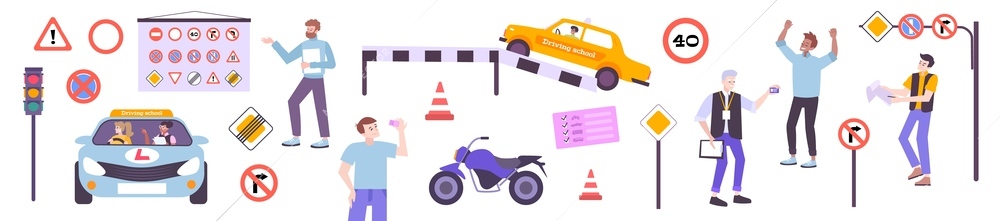 Driving school set with theory and practice symbols flat isolated vector illustration