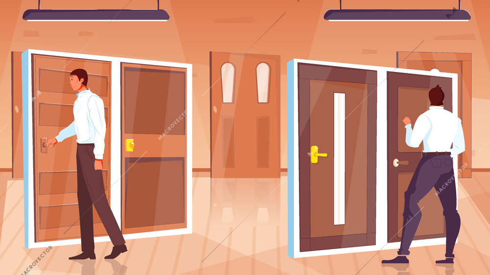 Two men choosing modern doors in store flat vector illustration