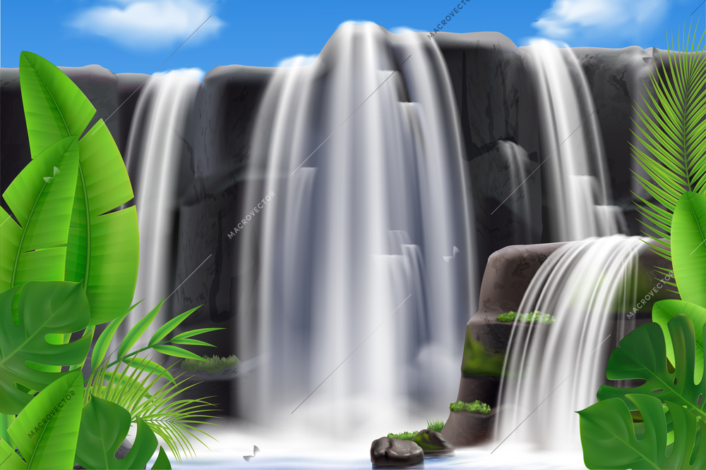 Realistic tropical waterfall background composition with outdoor landscape exotic leaves with rocks and water flowing down vector illustration