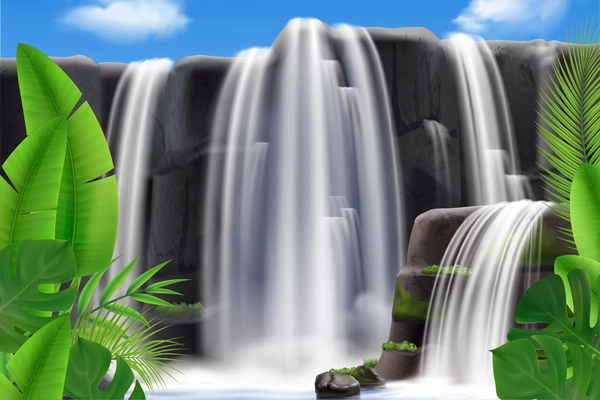 Realistic tropical waterfall background composition with outdoor landscape exotic leaves with rocks and water flowing down vector illustration