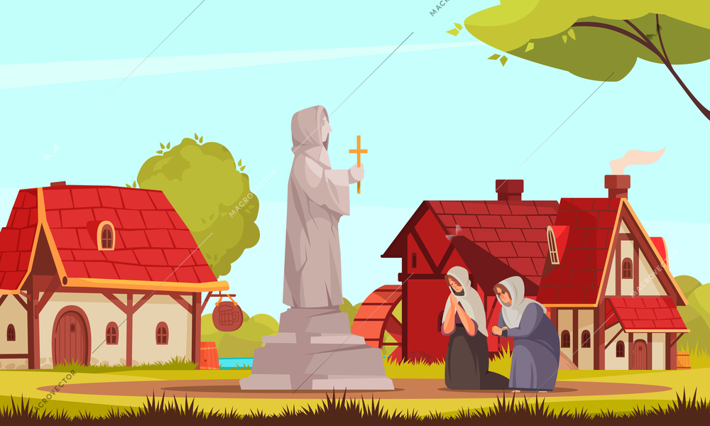 Color cartoon medieval people composition two women praying at a church monument vector illustration